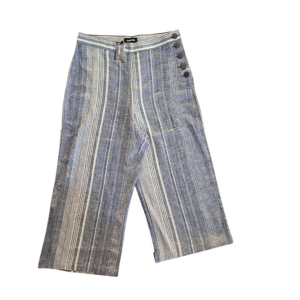 NWT Express Womens Size 10 Blue Wide Leg Striped HighWaist Linen Blend Crop Pant